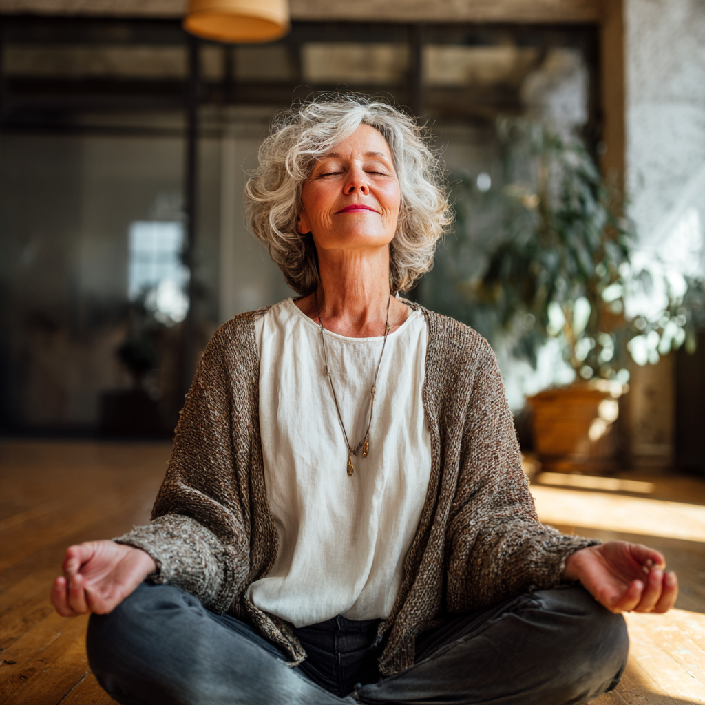 Elderly European woman practicing yoga outdoors in peaceful garden setting, smiling peacefully with arms raised towards sky