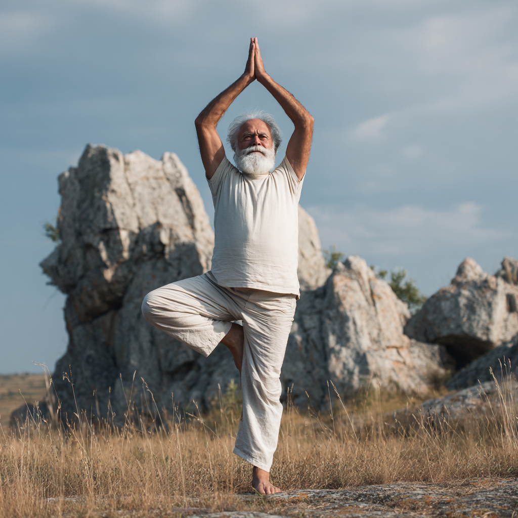 Elderly European man sitting in meditation pose with gentle smile, practicing breathing exercises in natural light